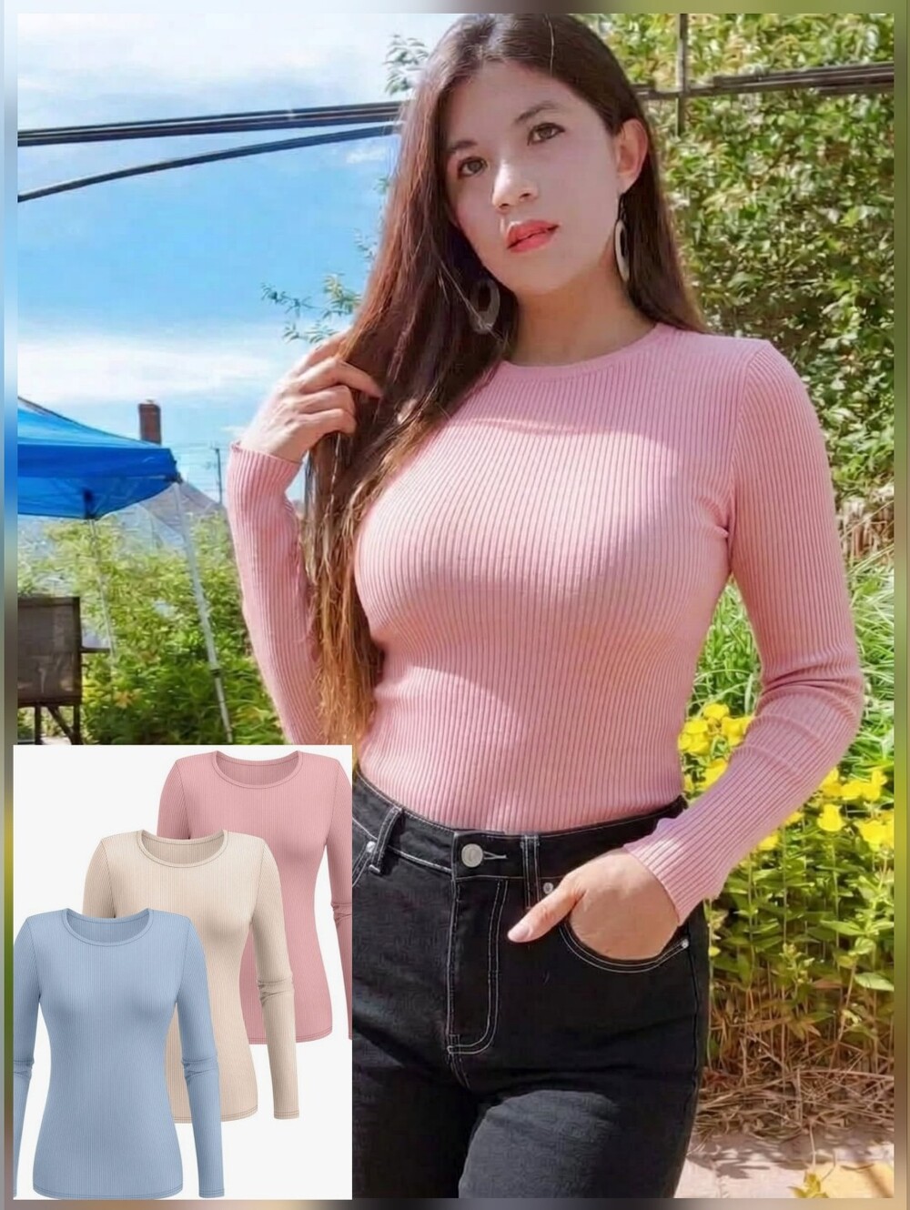 3pcs Ribbed Long-Sleeve Knit Tops Set - Fall Winter Casual Clothes